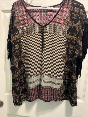 Boho Fringe-Sleeve Tunic Top - Black/Cream with Multi Accents